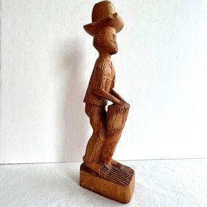 1960s Folk Art Haitian Wood Carving Figurine Man With Drum Unsigned